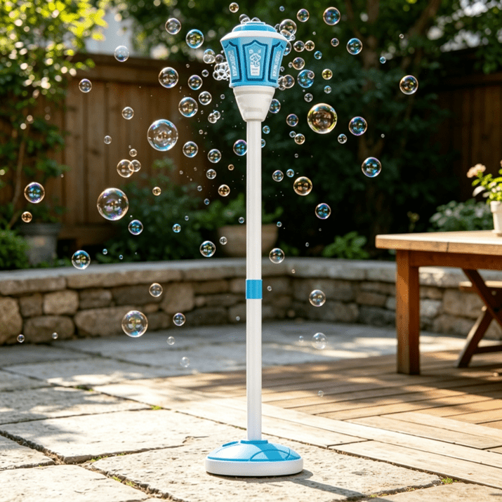Bubble Machine, Automatic Standing Bubble Blower with Dual Installation (Ground or Base), Adjustable Height Bubble Maker with Remote for Birthday Party Blue Type