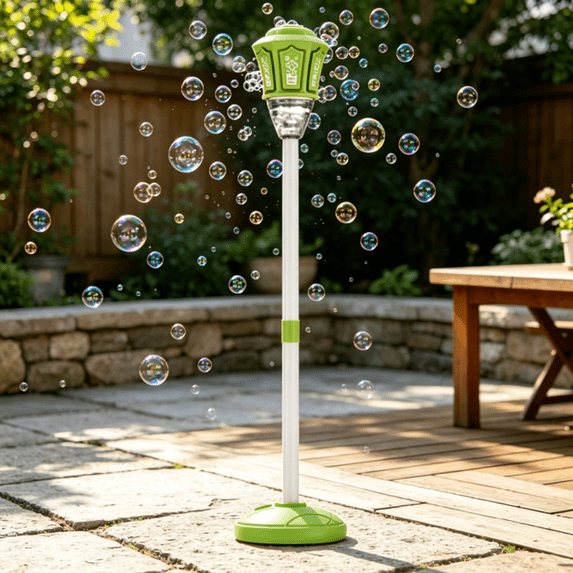 Bubble Machine for Decor, 2026 Standing Bubble Maker with Colorful LED Lights & Music, Adjustable Height Bubble Blower for Backyard Garden Party Green Type