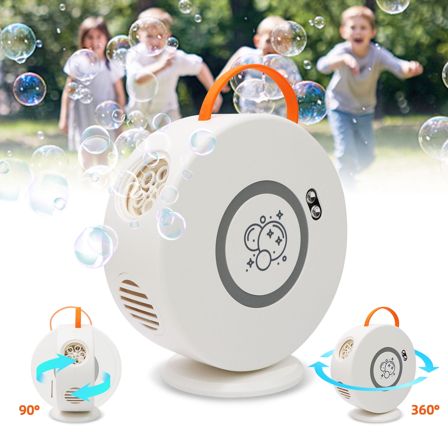JIFON Battery Operated Bubble Machine, Rechargeable 90° 360° Rotating ...