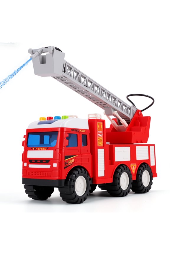 Toddler Fire Truck Toys for Boys with Retractable Ladder, Lights, Siren Sounds & Sprinkler Pump, Big Firetruck Emergency Vehicle, Kids Toys for Age 3 4 5 6 7, City Cars Toyset Christmas Birthday Gift