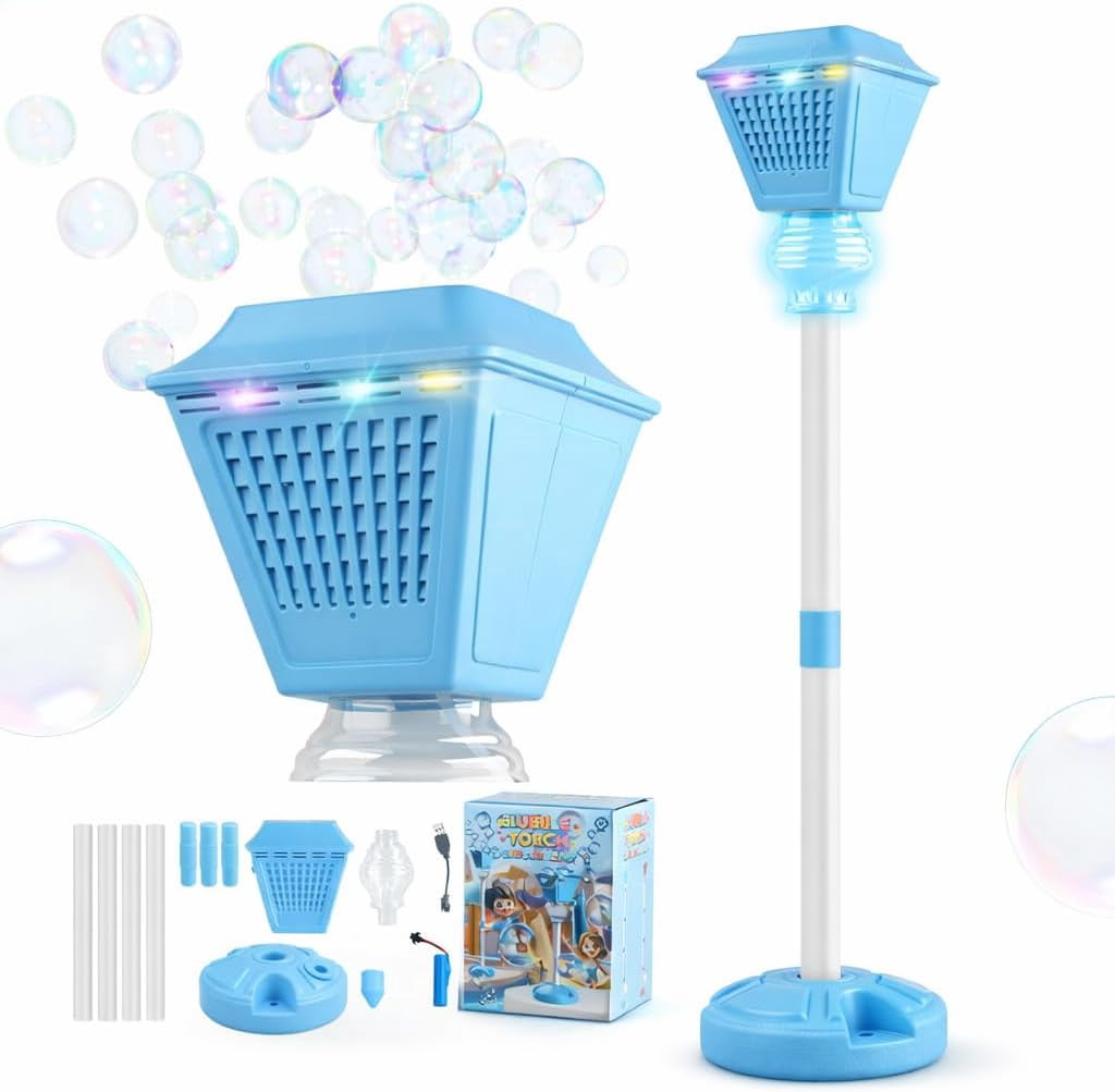 Bubble Machine Maker Stand, 17-47 Adjustable Height Magical Bubble Torch Garden Lamp Rechargeable with Lights and Music, Vertical Bubble Machine for Wedding Birthday Christmas Outdoor(Blue)