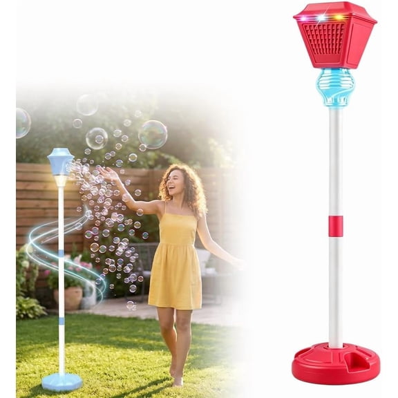 Bubble Machine Maker Stand, 17-47 Adjustable Height Magical Bubble Torch Garden Lamp Rechargeable with Lights and Music, Vertical Bubble Machine for Wedding Birthday Christmas Outdoor(Red)