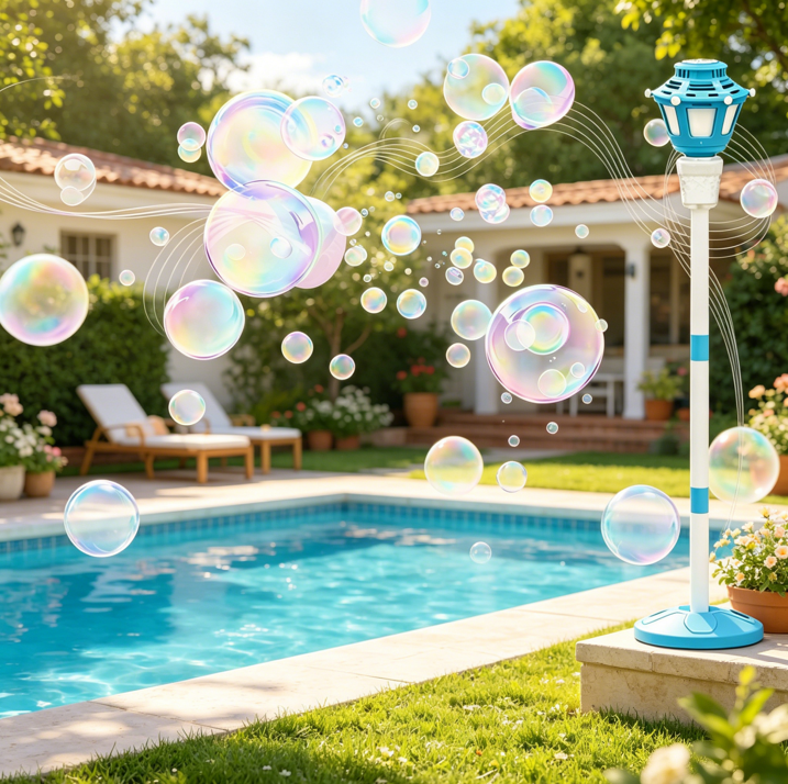 Bubble Machine for Outdoor Garden, Cordless Rechargeable Automatic Bubble Maker, 21-47” Adjustable Height Stand, Light & Music, Detachable Wand, Bubble Solution Included with Stable Base Blue Style