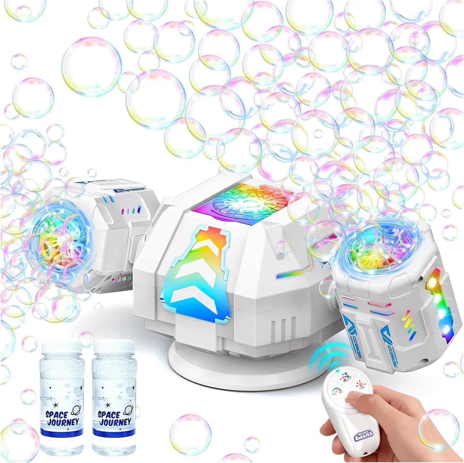 Bubble Machine, Rechargeable Bubble Maker with 360 ° Automatic Rotation & 9 LED Light, 30000+ Bubbles Blower Machine, Birthday Parties, Wedding, Indoor, Outdoor Activities