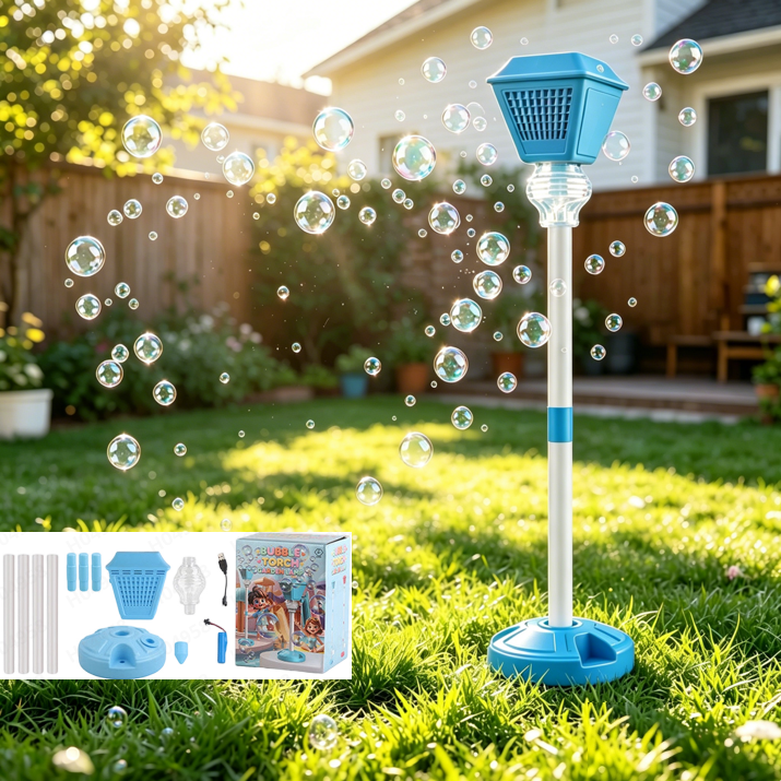 Bubble Machine, Rechargeable Standing Automatic Bubble Maker with Lights and Music, Detachable Bubble Torch for Summer Outdoor Wedding Party Decor Bubble Lamp Blue