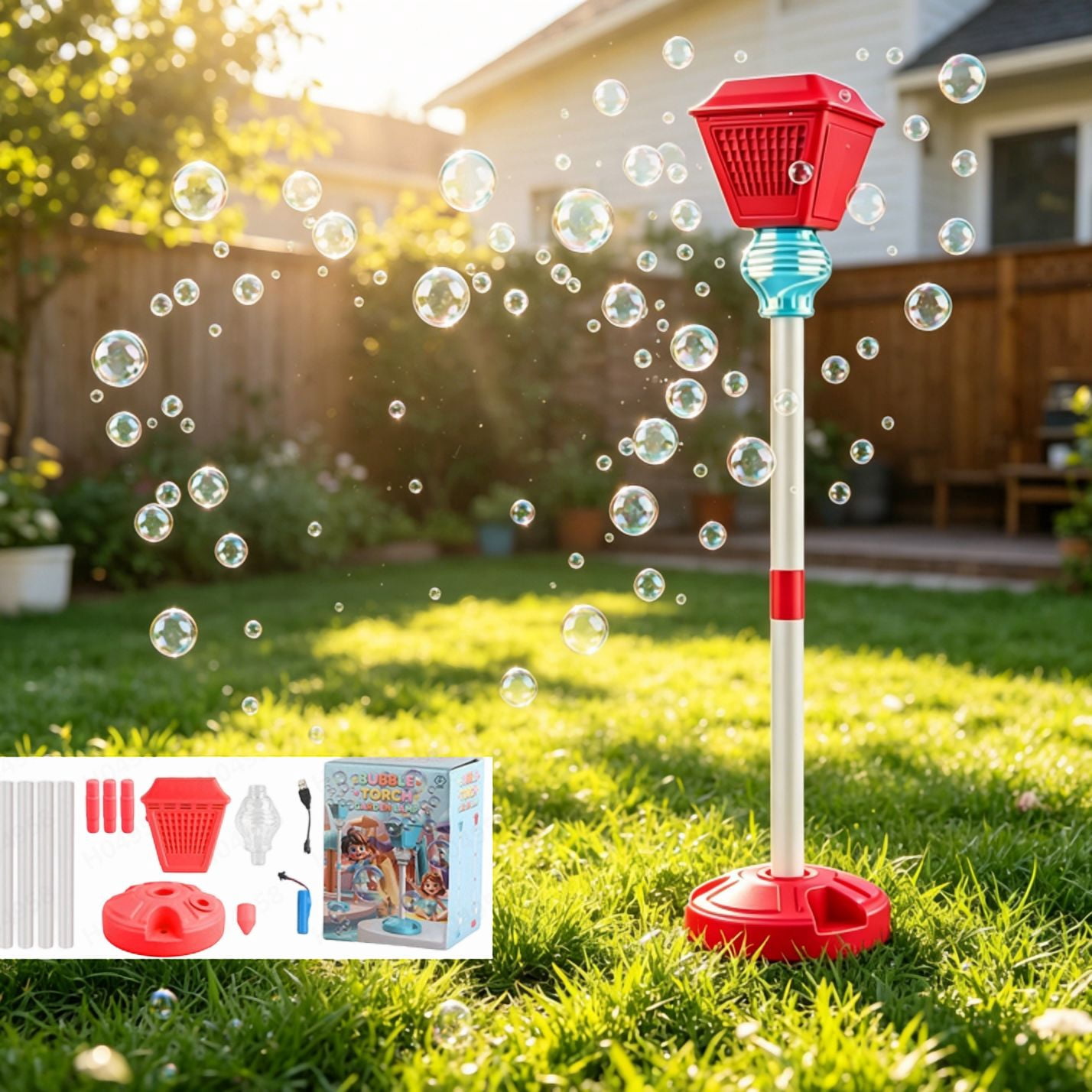 Bubble Machine, Rechargeable Standing Automatic Bubble Maker with Lights and Music, Detachable Bubble Torch for Summer Outdoor Wedding Party Decor Bubble Lamp Red