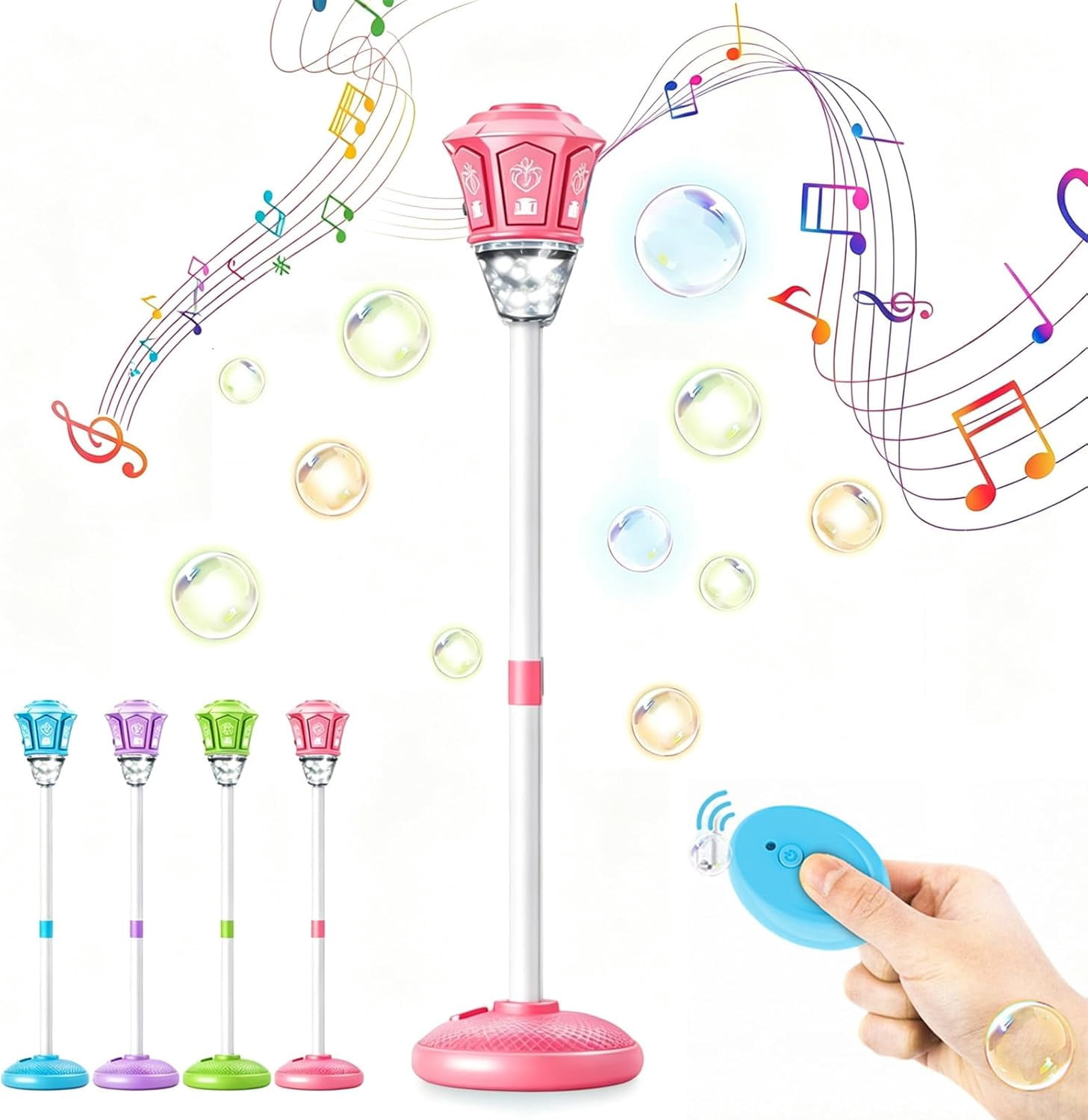 Bubble Machine with Remote Control, 2026 Automatic Standing Bubble Blower for Wedding, Adjustable Height Outdoor Bubble Maker with Lights and Music Pink Type