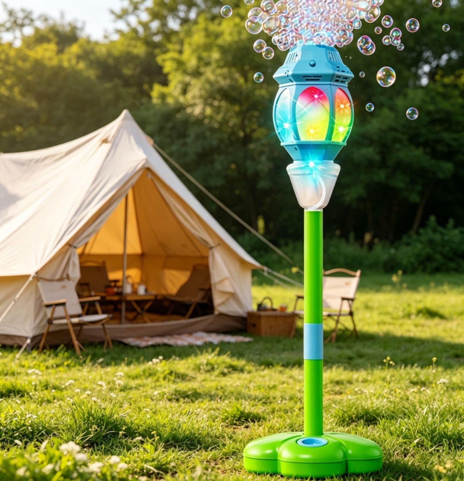 Bubble Machine Stand - Street Lamp Design Bubble Machine with Sound & Light Effects, Portable Outdoor Bubble Toy for Lawn, Patio, Festival Decoration Blue A8