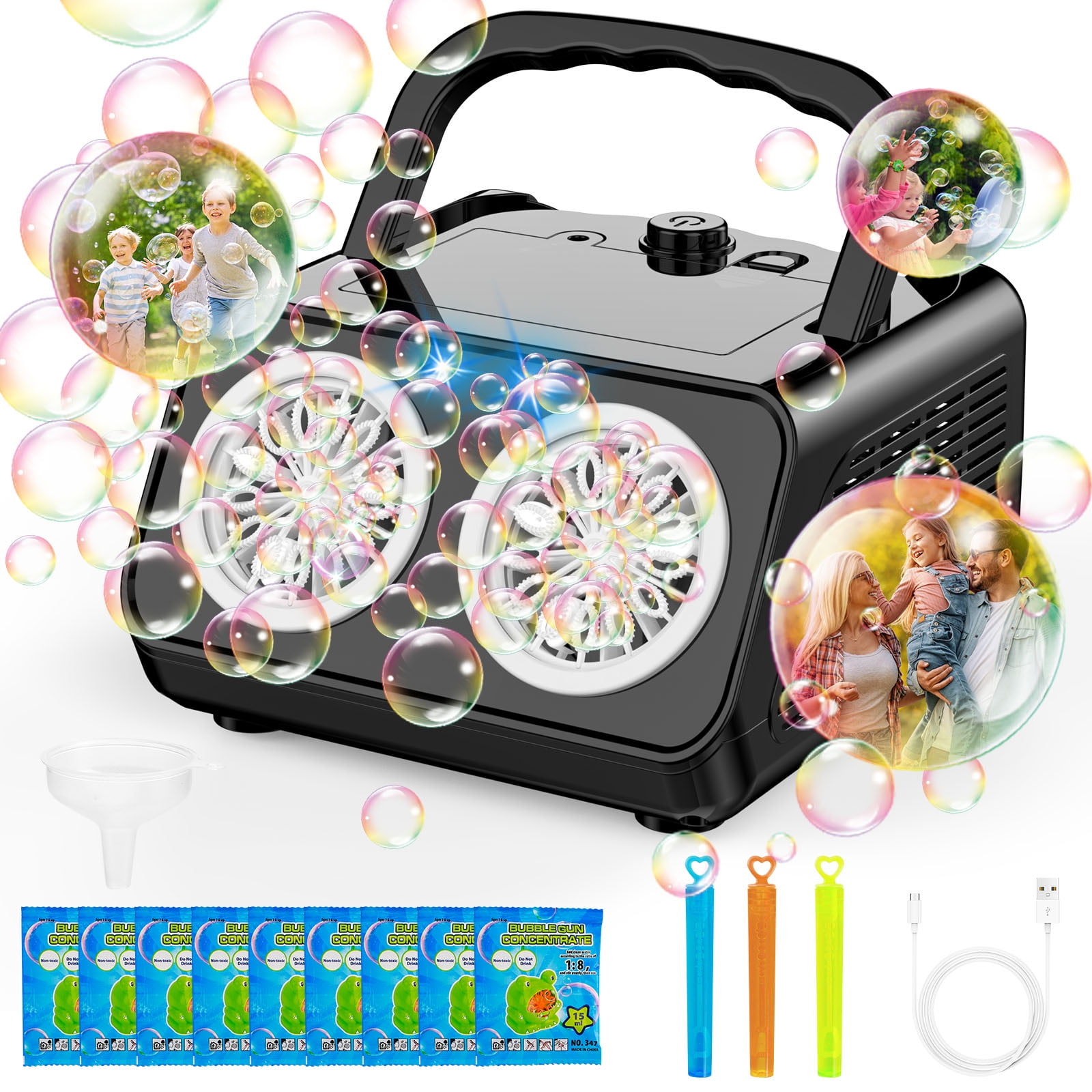 Automatic Bubble Machine - 10-Hole Blower With 20,000+ Bubbles/Minute, LED Lights, Dual Power