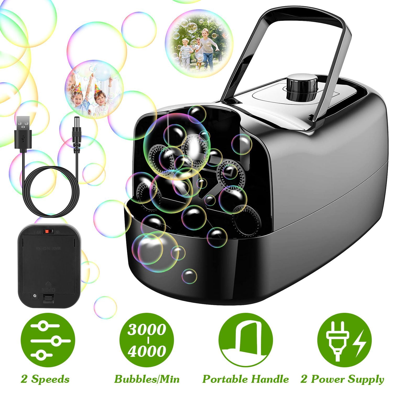 Bubble Maker Automatic Bubble Blower Portable Bubble Blowing Machine with 2 Speeds Handle 3000-4000 Bubbles Per Minute Plug-In Battery Powered