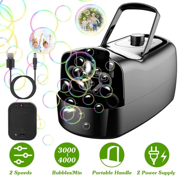 Bubble Maker Automatic Bubble Blower Portable Bubble Blowing Machine with 2 Speeds Handle 3000-4000 Bubbles Per Minute Plug-In Battery Powered