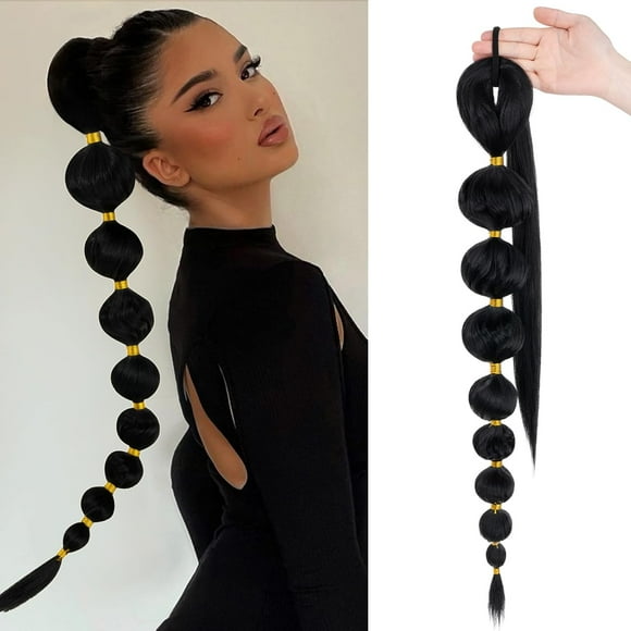 Bubble Ponytail Extension for Black Women 34Inch Long Braided Ponytail Extension Afro Puff Ponytail Soft Synthetic Hairpieces Straight With Hair Ties #1B Natural Black 120g 1pcs/pack