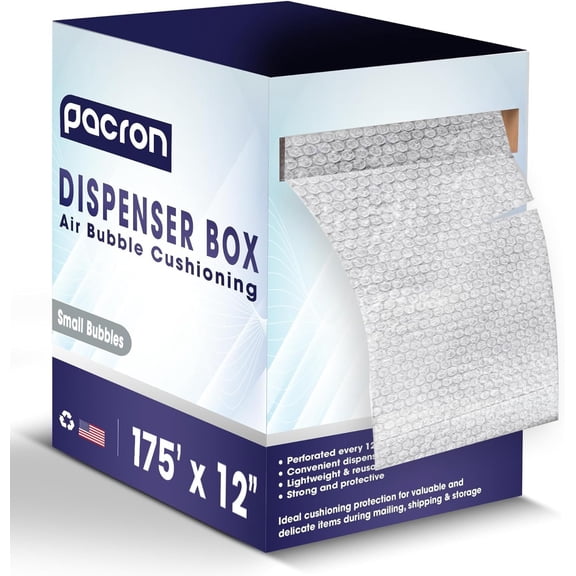 Bubble Roll Wrap 12" x 175', 1-Pack with Dispenser Box Perforated | Grab-and-go dispenser box for mailrooms & shipping desks. Protects fragile items; perforated for fast, clean tearing.