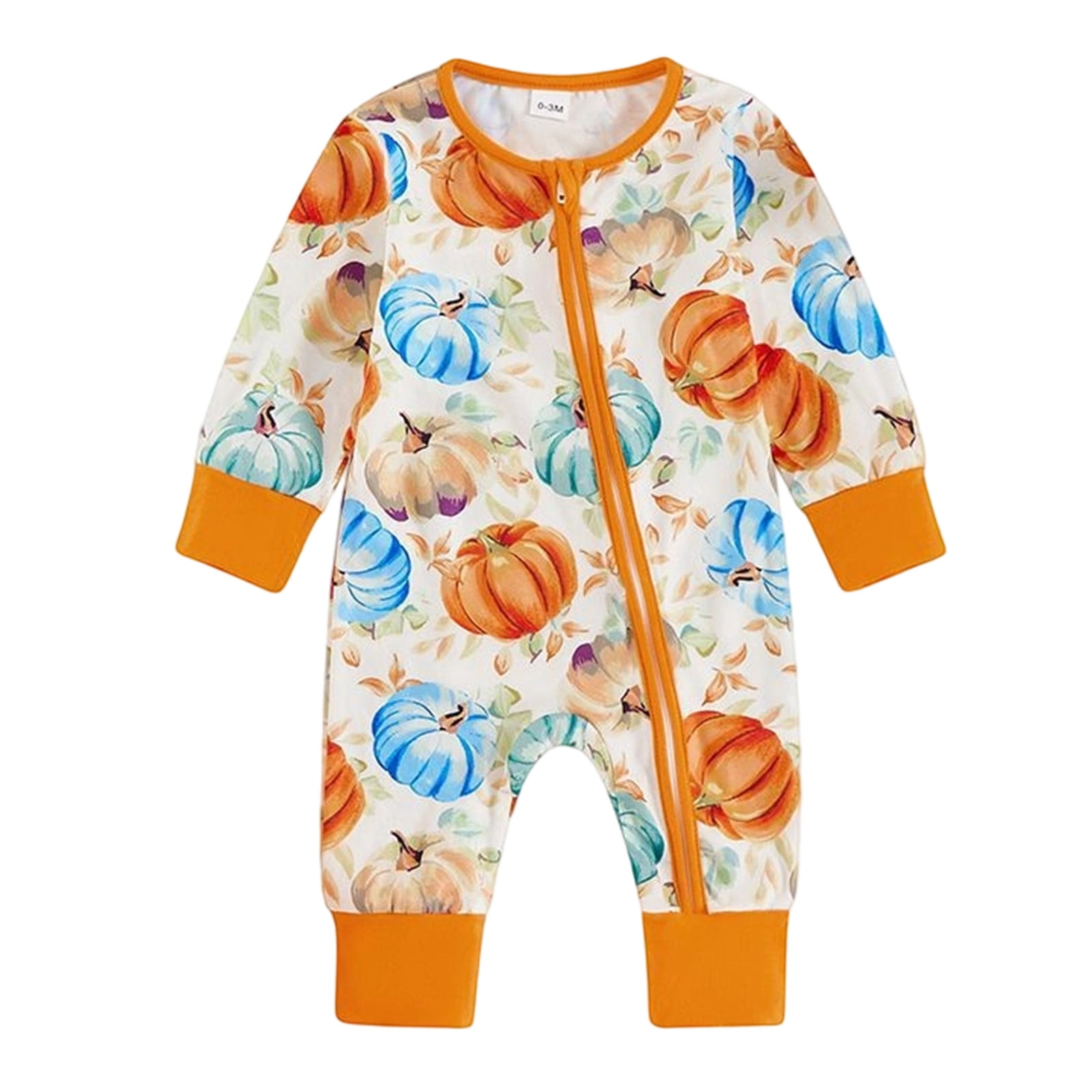 Bubble Romper Baby Girl Baby Halloween Fall Full Zip Jumpsuit Cartoon Pumpkin Print Long Sleeve One Piece Pajama Soft Comfort Baby Boy Bubble Romper Orange 0 Months-3 Months