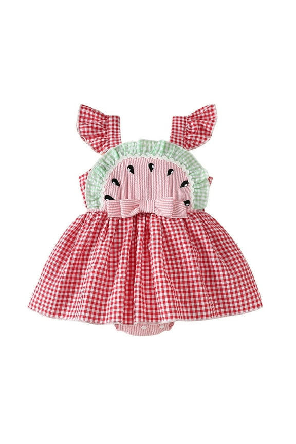 Bubble Romper Baby Girl Girls Summer Watermelon Print Fly Sleeve Plaid Romper Baby Bodysuits Dress Toddler Romper Red 12 Months-18 Months