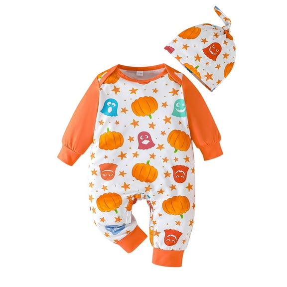 Bubble Romper Baby Girl Toddler Fall Full Zip Jumpsuit Cartoon Pumpkin Ghost Print Long Sleeve One Piece Pajama with Hat Soft Comfort Baby Boy Romper Red 1 Months-3 Months