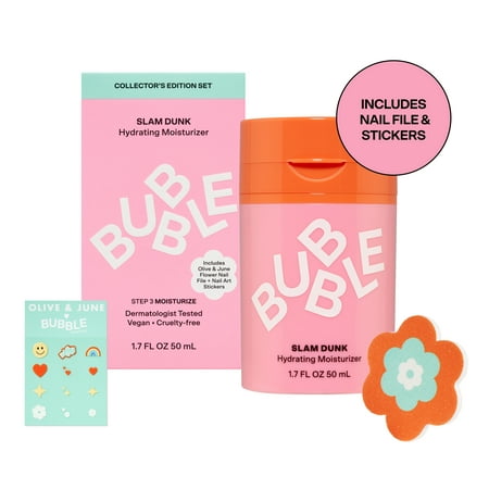 Bubble Skincare Limited Edition Pink Slam Dunk Collector's Edition Set, Includes Olive & June Flower Nail File and Nail Stickers, 3 Piece Set