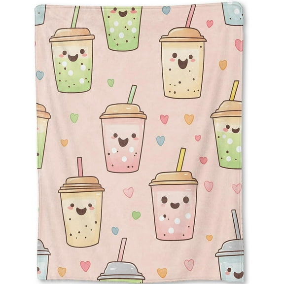 Bubble Tea Blanket - Cute Smiling Faces and Hearts Pink Fleece Throw,Gifts for Kids Adult, Soft & Warm,Lightweight, for Whimsical Modern Decor, Bobas Lovers, and Room Home Accents 40x50in