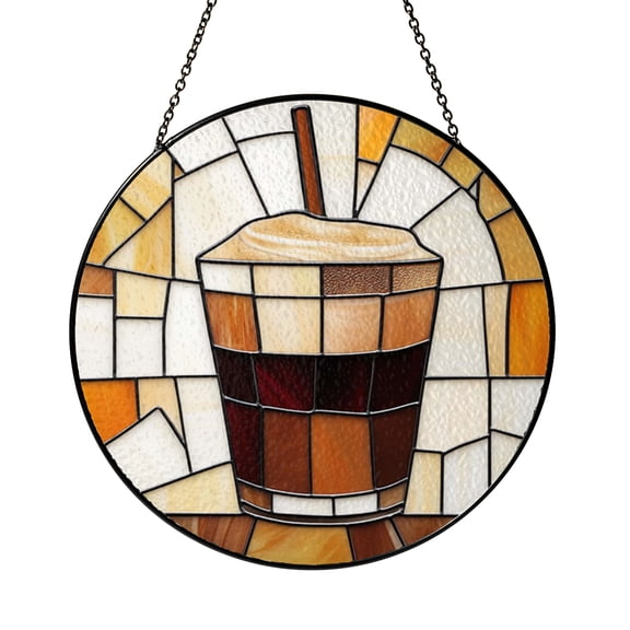 Bubble Tea Drink Window Suncatcher Stained Glass Style Hanging Decor, Milk Tea Beverage Decorative Glass Panel Art for Kitchen Window Decor