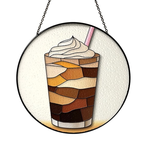 Bubble Tea Milk Drink Stained Glass Style Window Suncatcher Hanging Decor, Beverage Decorative Glass Panel Art for Kitchen Window Ornament