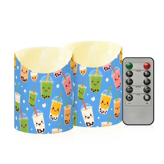 Bubble Tea Pattern Flameless Candles 2 PCS with Remote Realistic Moving Flame LED Tapered Pillar Set for Home Decor
