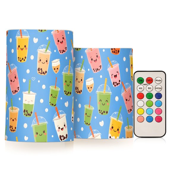 Bubble Tea Pattern Flameless LED Candle Set with Remote, Battery Operated Color Changing Pillar Candles, Set of 2