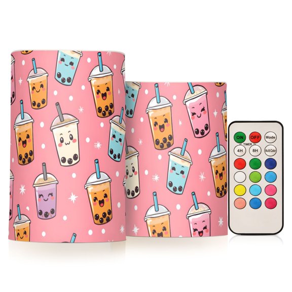 Bubble Tea Pattern Flameless LED Candle Set with Remote, Battery Operated Color Changing Pillar Candles, Set of 2