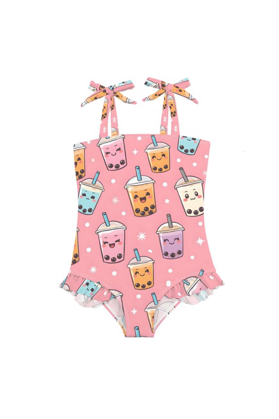 Bubble Tea Pattern Girls' One-Piece Swimsuit Bowknot Tie Shoulder Ruffled Stretchy Quick Dry