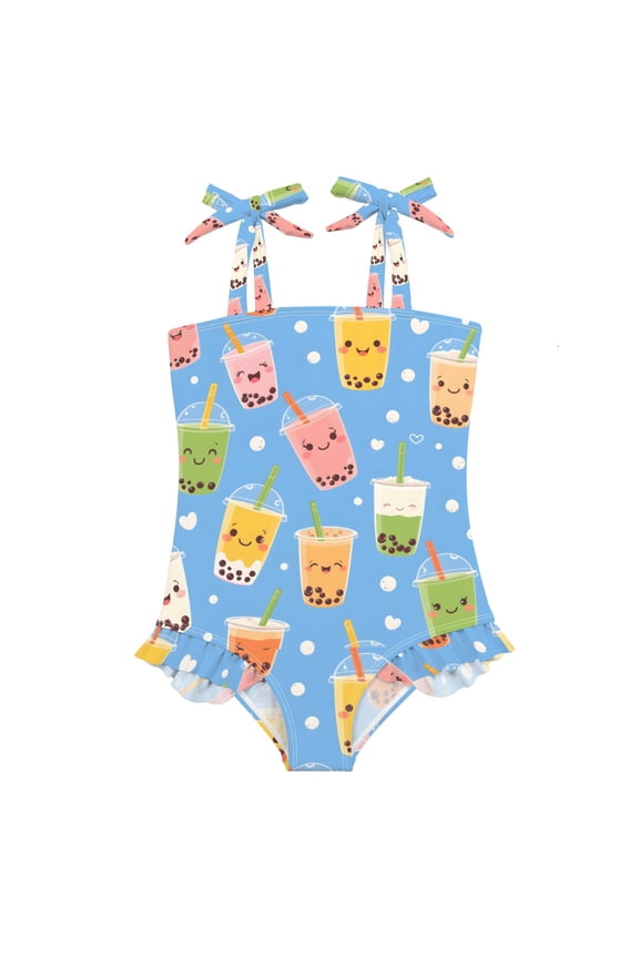 Bubble Tea Pattern Girls' One-Piece Swimsuit Bowknot Tie Shoulder Ruffled Stretchy Quick Dry