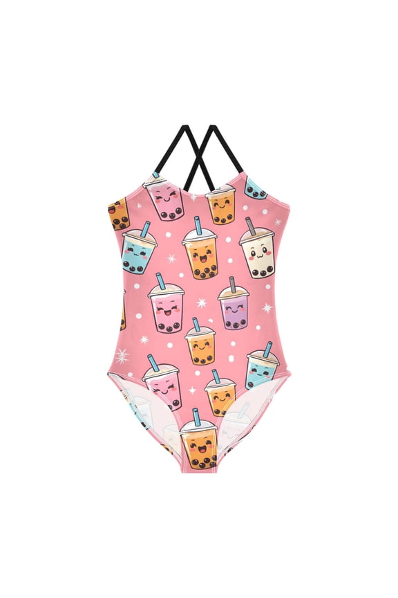 Bubble Tea Pattern Girls' One-Piece Swimwear 3T-10T Soft Stretchy for Beach Pool Water Park