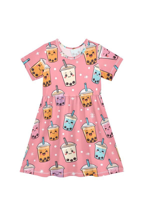 Bubble Tea Pattern Girls Short Sleeve Dress A Line Sun Protection Breathable Comfort Sundress 3T