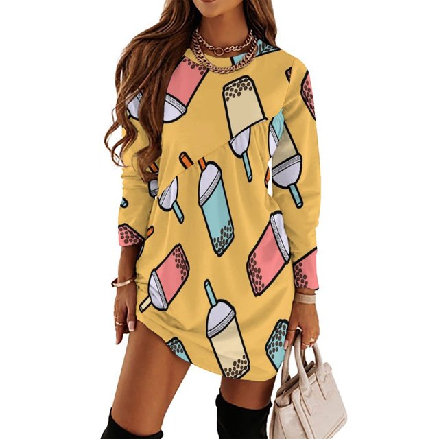 Bubble Tea Pattern Long Sleeved Dress dresses ladies summer elegant