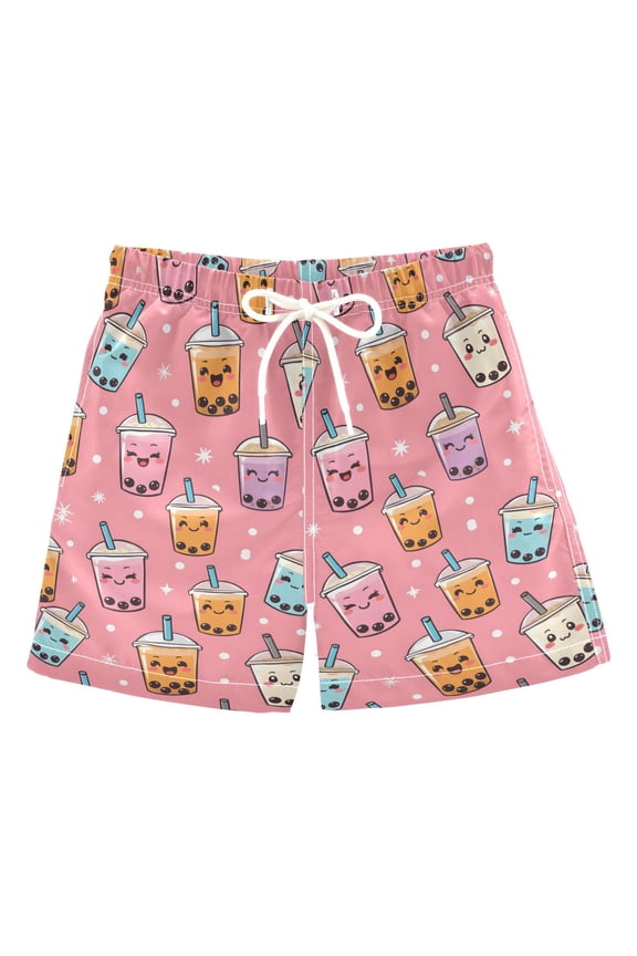 Bubble Tea Pattern Swim Trunks Quick Dry Beach Pool Board Shorts Lightweight Stylish Print Sizes 2T to XL