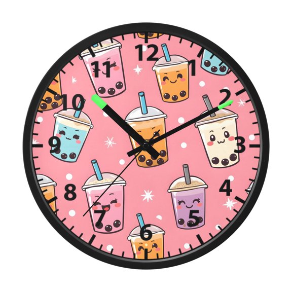 Bubble Tea Pattern Wall Clock 12 Inch Voice Activated Night Light Silent Non Ticking
