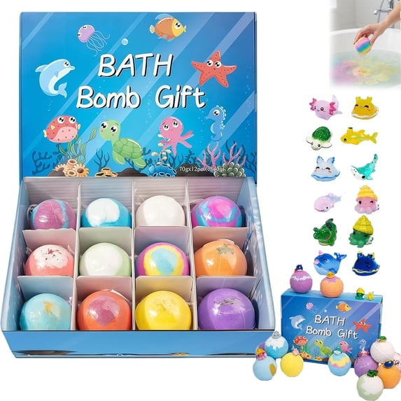 Bubble Treasure Bath Bomb, 12-Piece Ocean Bath Bomb for Kids with Surprise Inside, Colorful Bubble Bath Fizzy Ball, Skin-Friendly Bathing Kit for Boys & Girls (1Set)