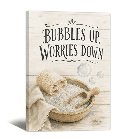 Bubble Up Worry Down Canvas Wall Art Bathroom Scene Relax Phrase Print, Fresh & Chilling Artwork Bath Text Painting for Shower room, Washroom, Restroom Wall Decor