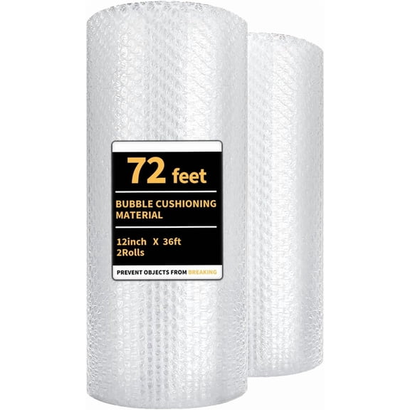 Bubble cushion packaging film 2 packs 12 inches 72 feet bubble film for packing, handling boxes and commercial transportation, every 12 inches has holes. Suitable for filling shipping boxes.