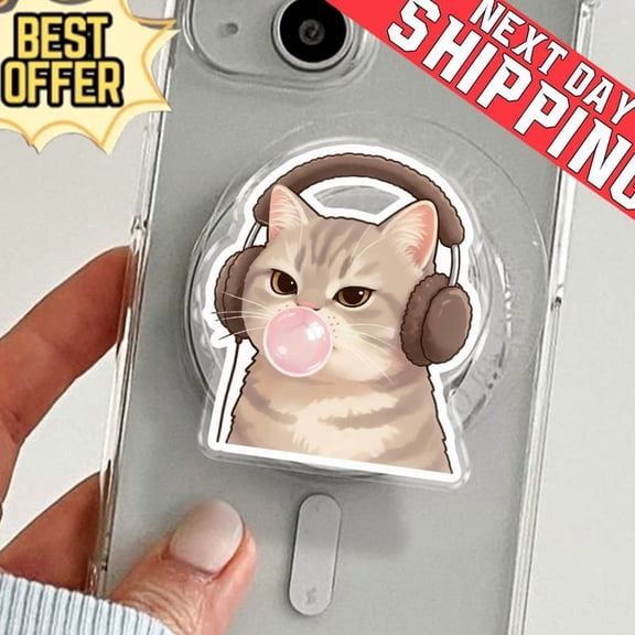 Bubblegum Cat Phone Grip, Aesthetic Kitty MagSafe , Cute Cat with Headphones Gift, Whimsical Black or White Cat Mobile Stand