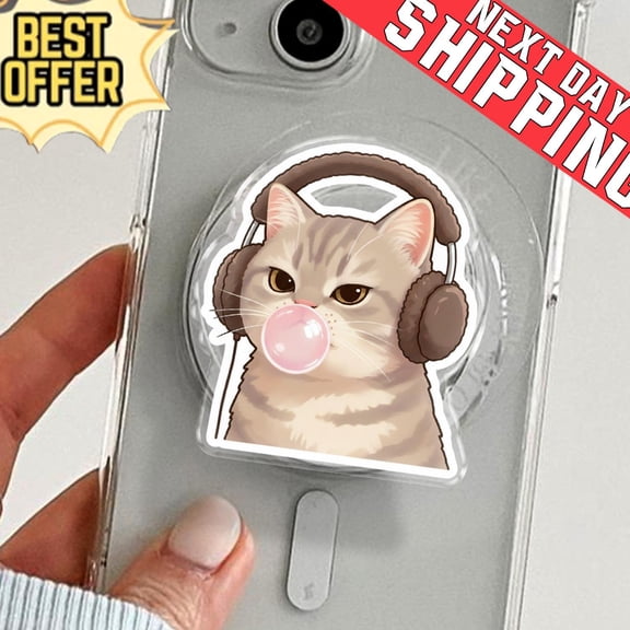 Bubblegum Cat Phone Grip, Kitty Phone Holder, Kawaii Mobile Stand