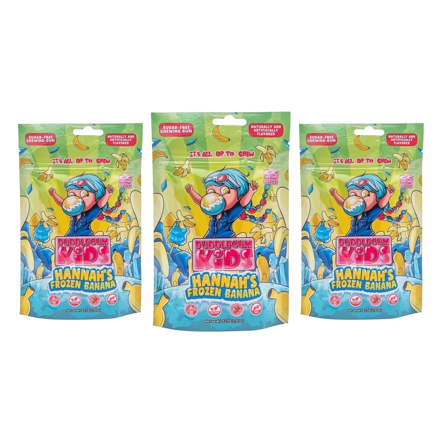 Bubblegum Kids Sugar-Free Gum, Healthy Xylitol, Banana, 3 Pack, 165 Pieces