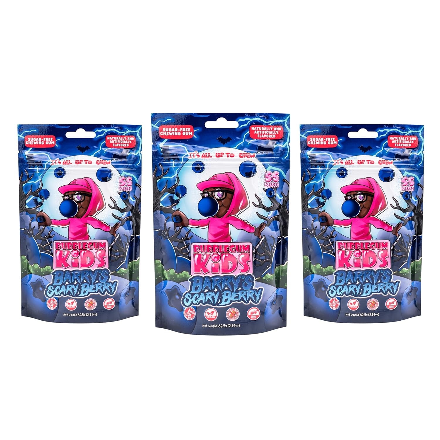 Bubblegum Kids Sugar-Free Gum, Healthy Xylitol, Blueberry, 3 Pack, 165 Pieces
