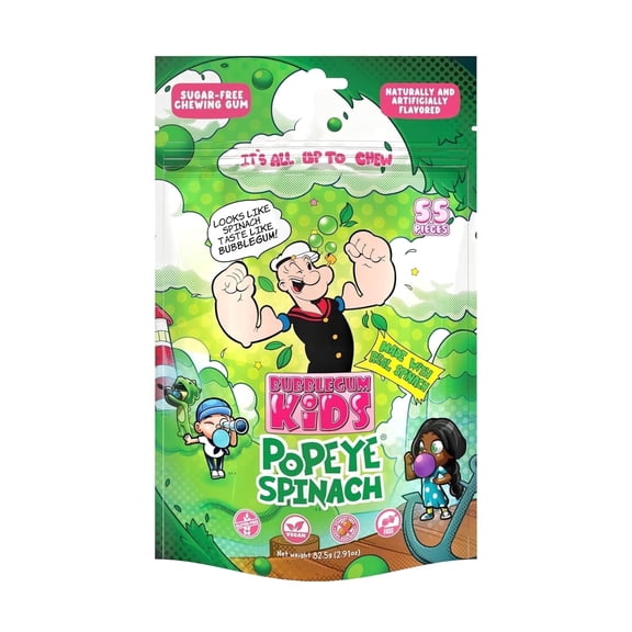 Bubblegum Kids Popeyes Spinach Sugar Free Gum with Xylitol, Low Calorie Chewing Gum, Topical Fruit Flavor, 55 Count