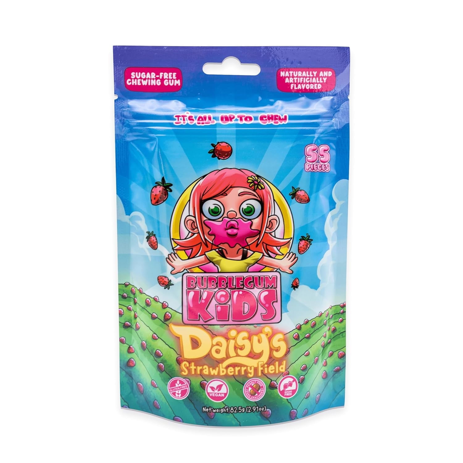 Bubblegum Kids Sugar-Free Gum, Healthy Xylitol, Strawberry, 1 Pack, 55 Pieces