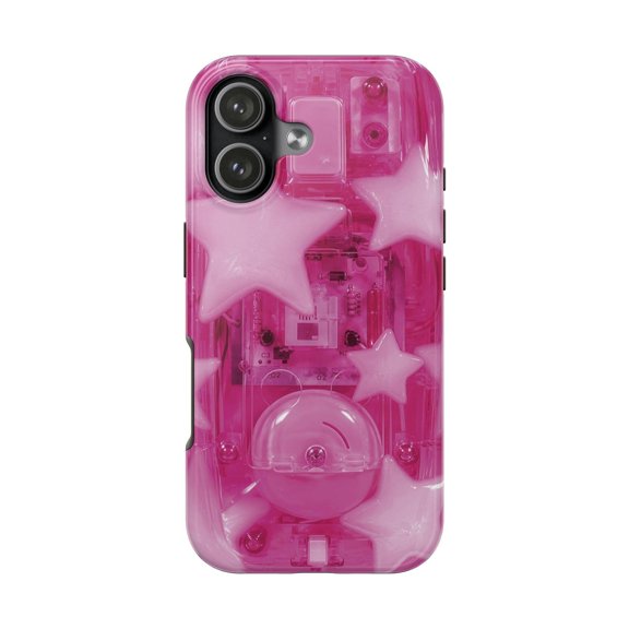 Bubblegum Pink Star Transparent Effect Y2K Kawaii Tough Phone Case, Dual-Layer Protective Cover for iPhone