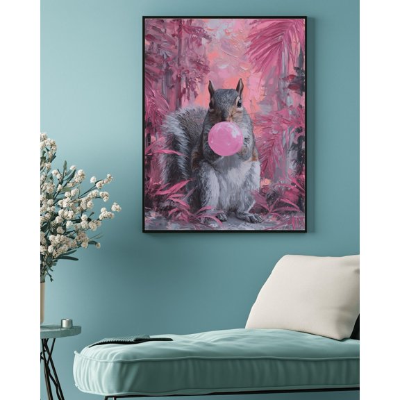 Bubblegum Squirrel Art Print: Whimsical Pink Forest Pop Art, Unframed Poster Size 16x24