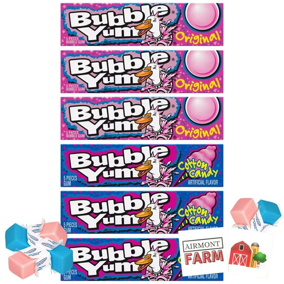 Bubblegum Yum Stick 6 SBF3Pack Bubble Gum - 3 Original and 3 Cotton Candy - 5 Pieces per Stick - with 2 Stickers