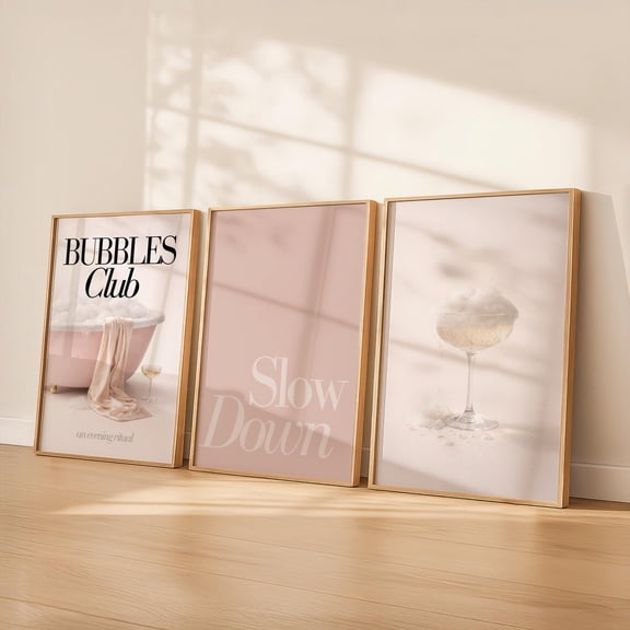 Bubbles Club Bathroom Wall Art Pink Bathroom Modern Champagne Feminine Self Care Gallery Set 3 Unframed Paper Print 12x18