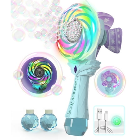 Beautysureup Bubbles Machine for Kids, Rechargeable Windmill Lollipop Bubble Wand with Multi-Color Spinning LED Light, Outdoor Parties Toys Birthday Gifts for Toddlers Ages 3-14 Years