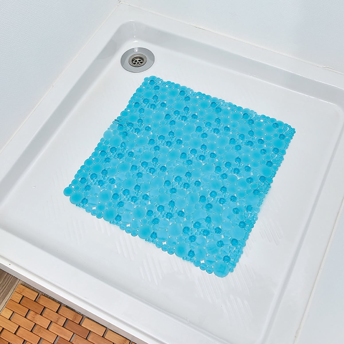Aqua Blue PVC Non-Slip Square Shower Mat 20" x 20"
