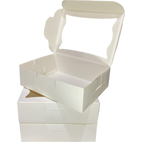 Bubbley White Paper Bakery Boxes - 25-Pack Pastry Boxes with Window for Cookies, Chocolate Covered Strawberries, Macarons, and Muffins, Dessert Disposable Packaging, 8 x 6 x 2.5 Inches